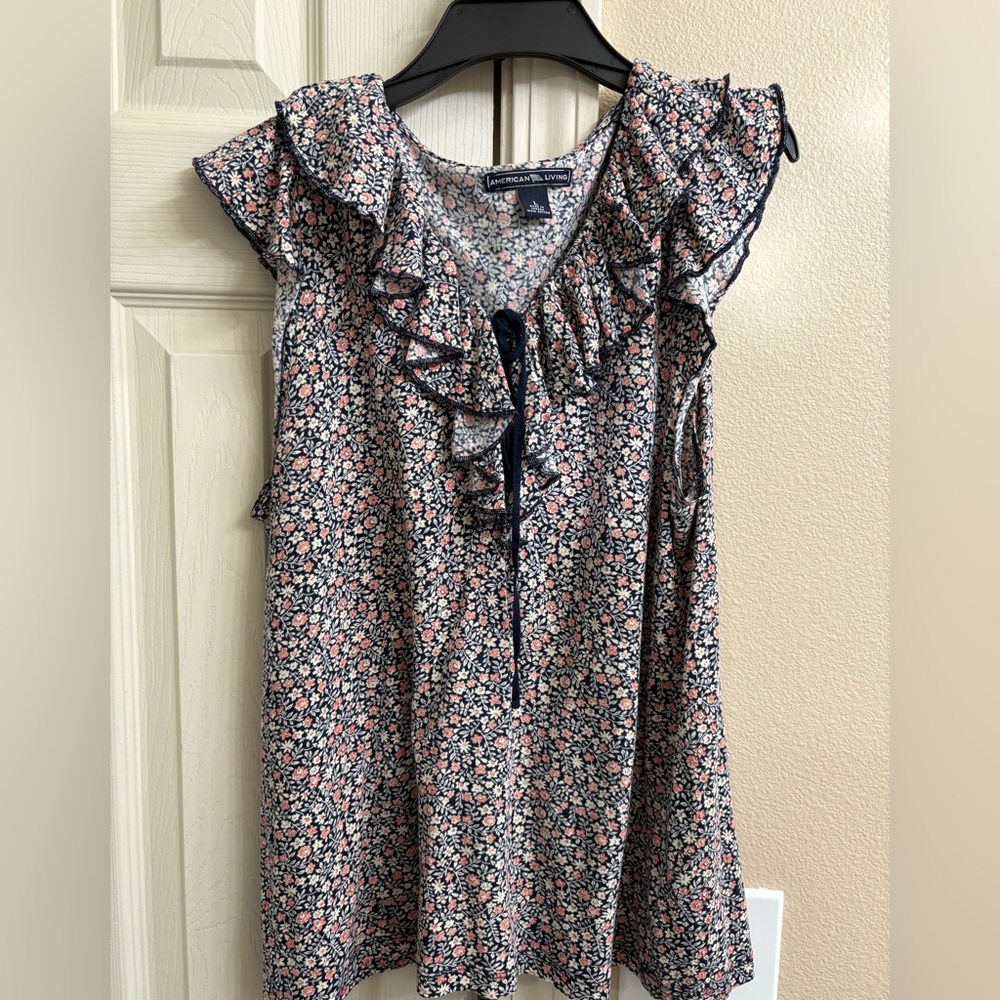 American Living Navy and Pink Floral Ruffle Top